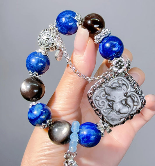 083 Obsidian Lapis Lazuli bracelet crystal  beads with certificate box gift