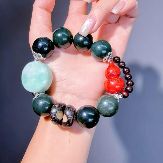 073 Hetian Jade Jadeite Cinnabar bracelet mens energy feng shui 12MM bead stone business bracelet